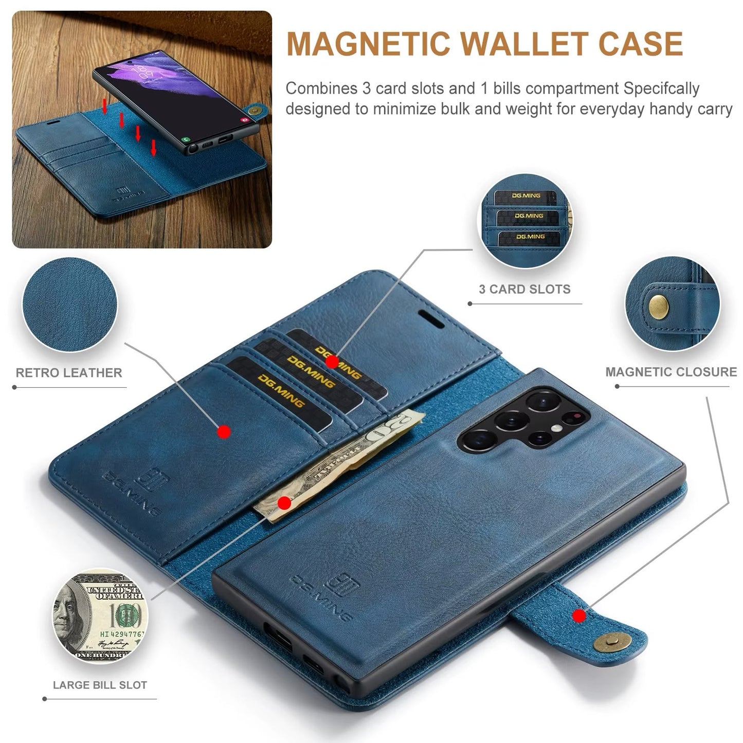 Magnetisk Lommebok-deksel for Samsung S23 ULTRA – Avtakbart 2-i-1 Flip Case med Kortholder