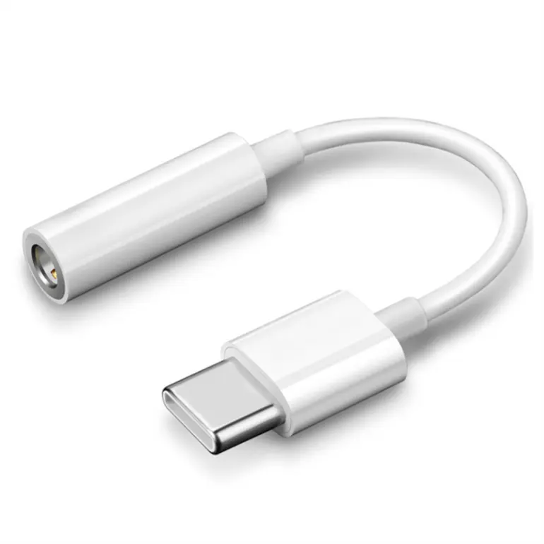 USB-C til 3,5 mm adapter for hodetelefoner, hvit.