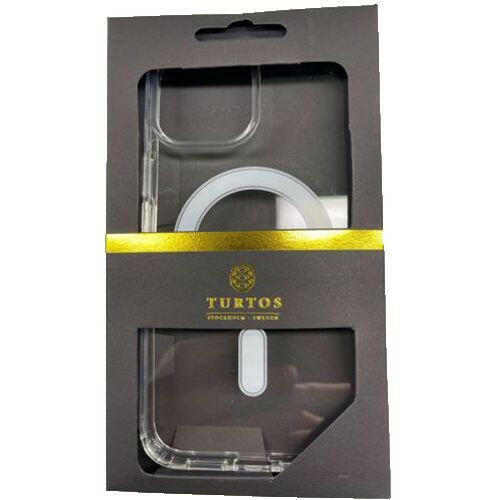 Gjennomsiktig TURTOS TPU-beskyttelsesdeksel for iPhone 15 Plus i emballasje.