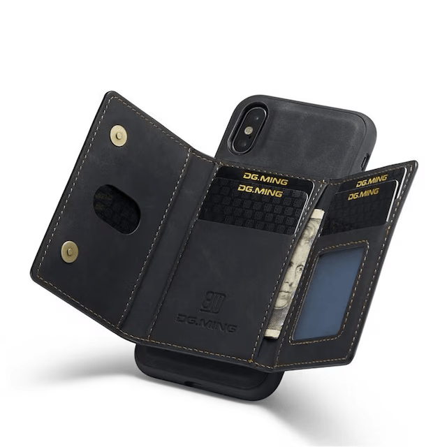 DG.MING M2 iPhone X/XS lommeboketui i slitesterkt lær med avtagbart magnetisk deksel og kortlommer.