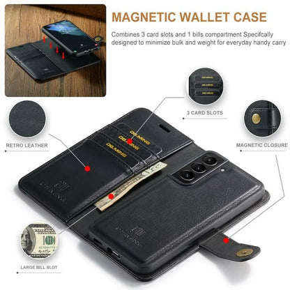 DG.MING Magnet Wallet for Samsung Galaxy S22 Plus i slitesterkt lær med avtagbart magnetisk deksel og kortlommer.