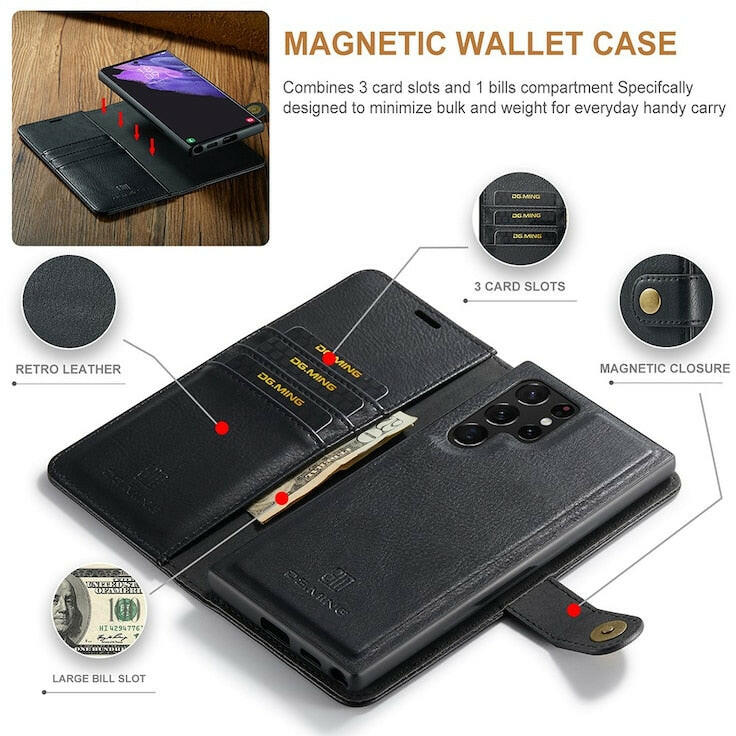 DG.MING lommeboketui til Samsung Galaxy S22 med avtagbart magnetisk deksel og kortlommer.