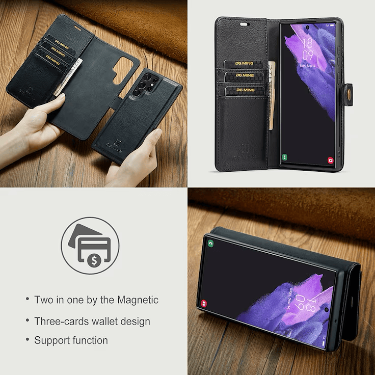 DG.MING Samsung Galaxy S22 etui i sort lær med avtagbart magnetdeksel, kortlommer og støttefunksjon.
