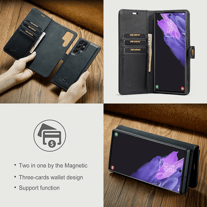 DG.MING Samsung Galaxy S22 etui i sort lær med avtagbart magnetdeksel, kortlommer og støttefunksjon.