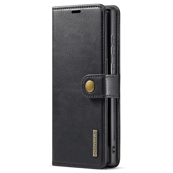 DG.MING Samsung Galaxy S22 etui i svart lær med avtagbart magnetisk deksel og lommebok.
