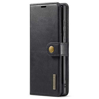 DG.MING Samsung Galaxy S22 etui i svart lær med avtagbart magnetisk deksel og lommebok.