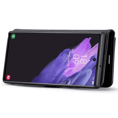 DG.MING Samsung Galaxy S22 etui med avtagbart magnetisk deksel i svart lær, liggende i horisontal visning.