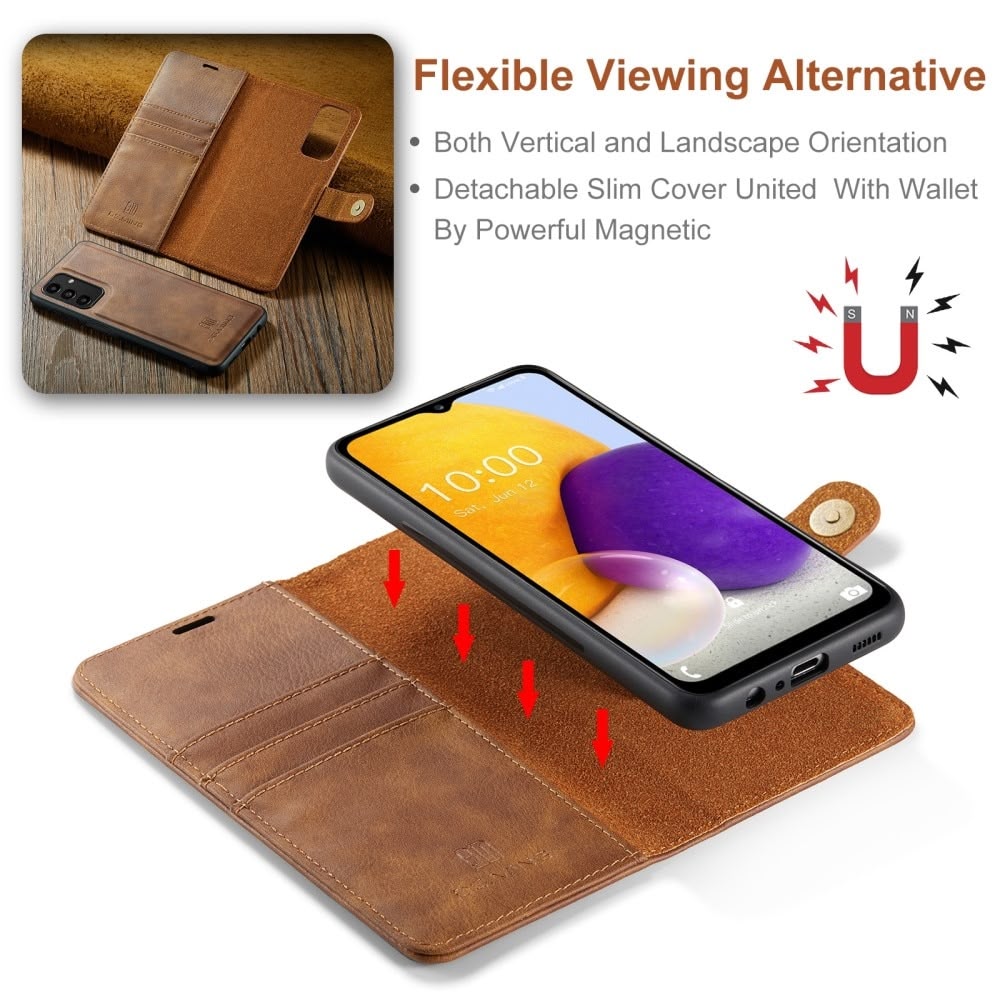 DG.MING magnetisk lommebok-etui for Samsung Galaxy A13 5G i brunt lær, med avtagbart deksel og kortlommer.