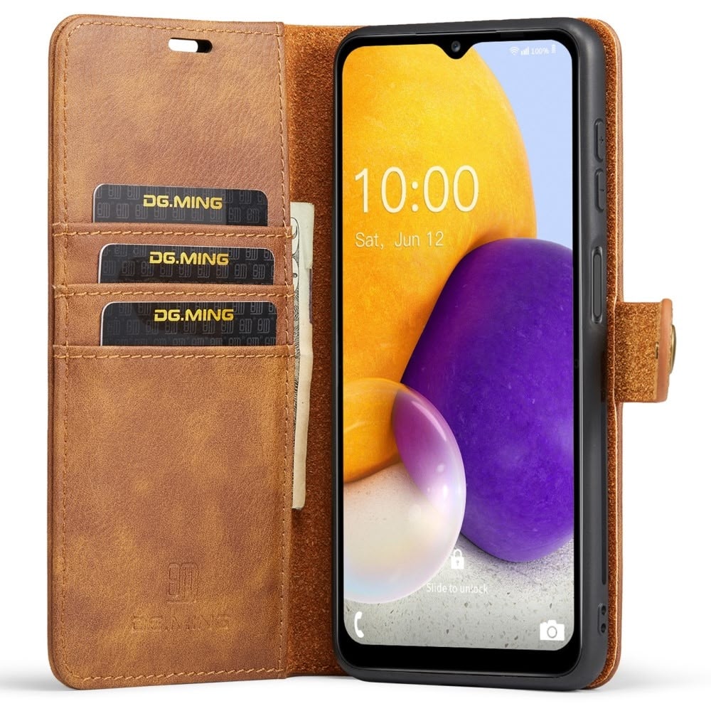 DG.MING magnetisk lommeboketui for Samsung Galaxy A13 5G i brunt lær med kortlommer.
