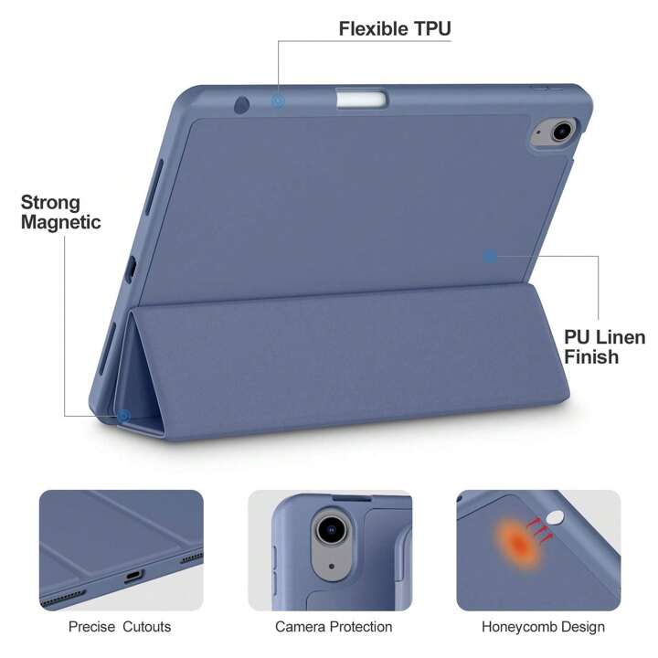 Beskyttelsesveske for iPad 11 Pro med pennebrett, fleksibelt TPU-materiale og PU-linfinish, med sterk magnet, nøyaktige utskjæringer, kamerabeskyttelse, honeycomb-design og integrert stativ. Finnes i rosa, svart og grønn.