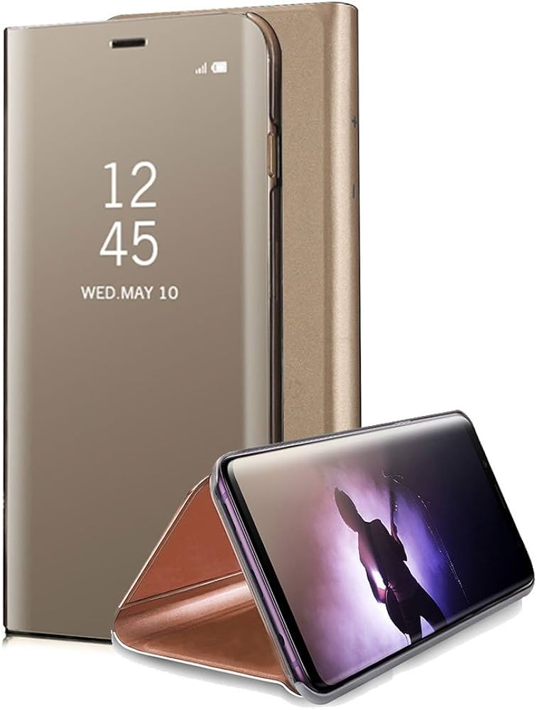 Samsung Galaxy P20 Lite støtsikkert speildeksel i gull med flip-design og justerbar visningsvinkel.