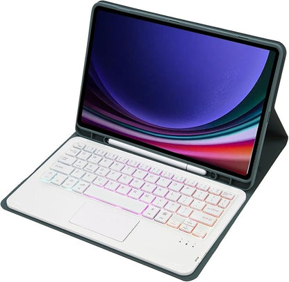 Farget bakbelyst Bluetooth-tastatur i lær med nettbrettdeksel og pennholder for iPad Mini.