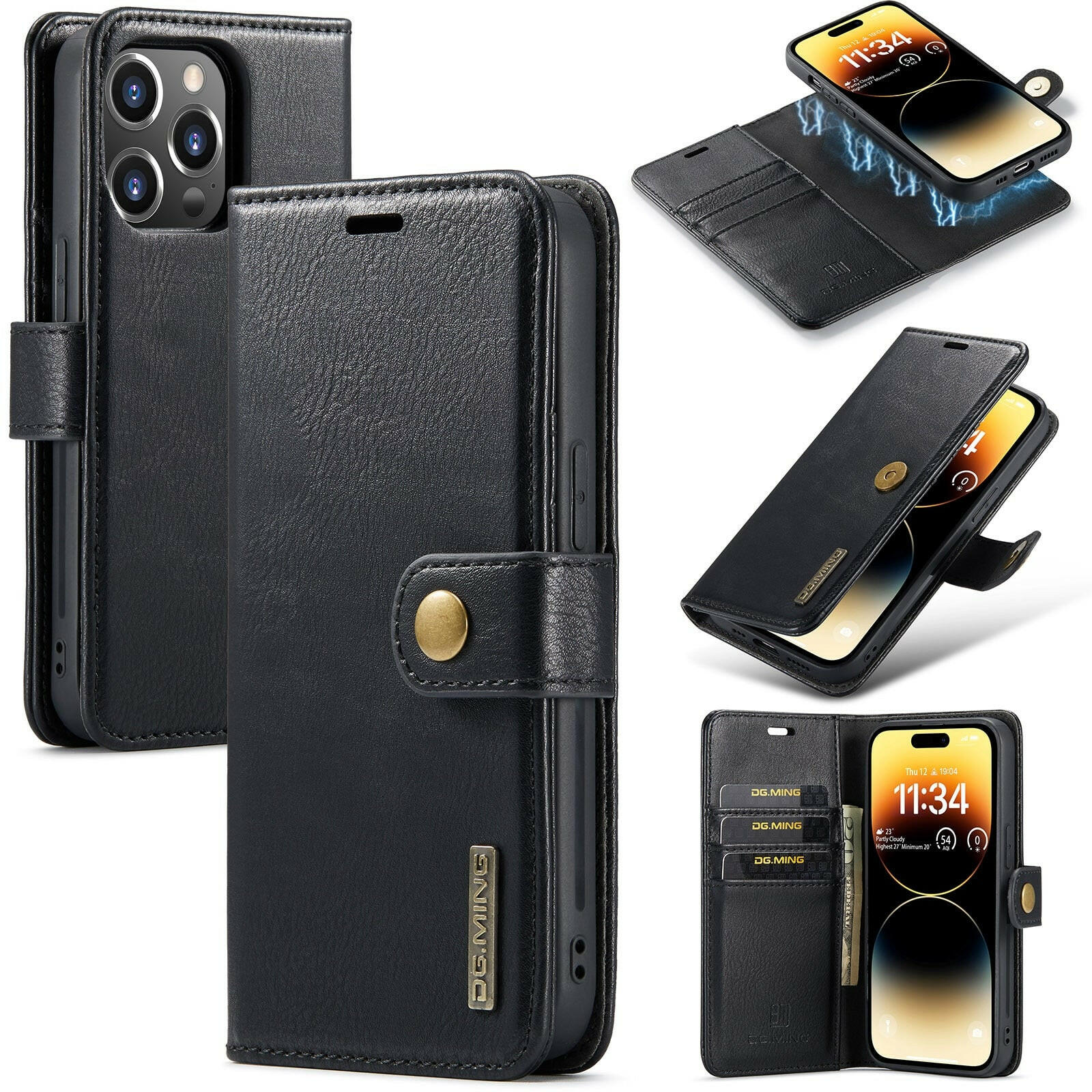 DG.MING iPhone 15 Pro etui med avtagbart magnetisk deksel i klassisk design, slitesterkt skinn, med kortlommer og magnetisk lukking.