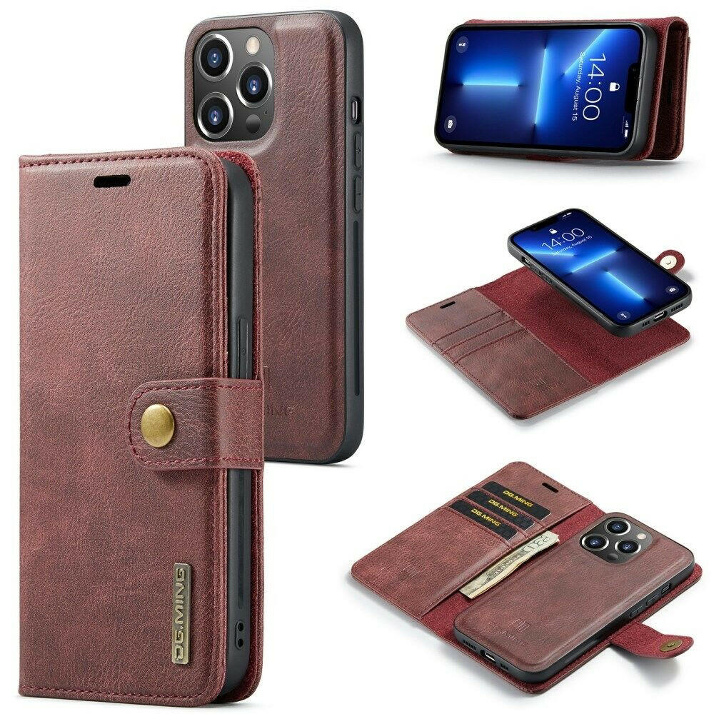 DG.MING iPhone 15 Plus etui i slitesterkt lær med avtagbart magnetisk deksel, kortlommer og lommebokfunksjon.