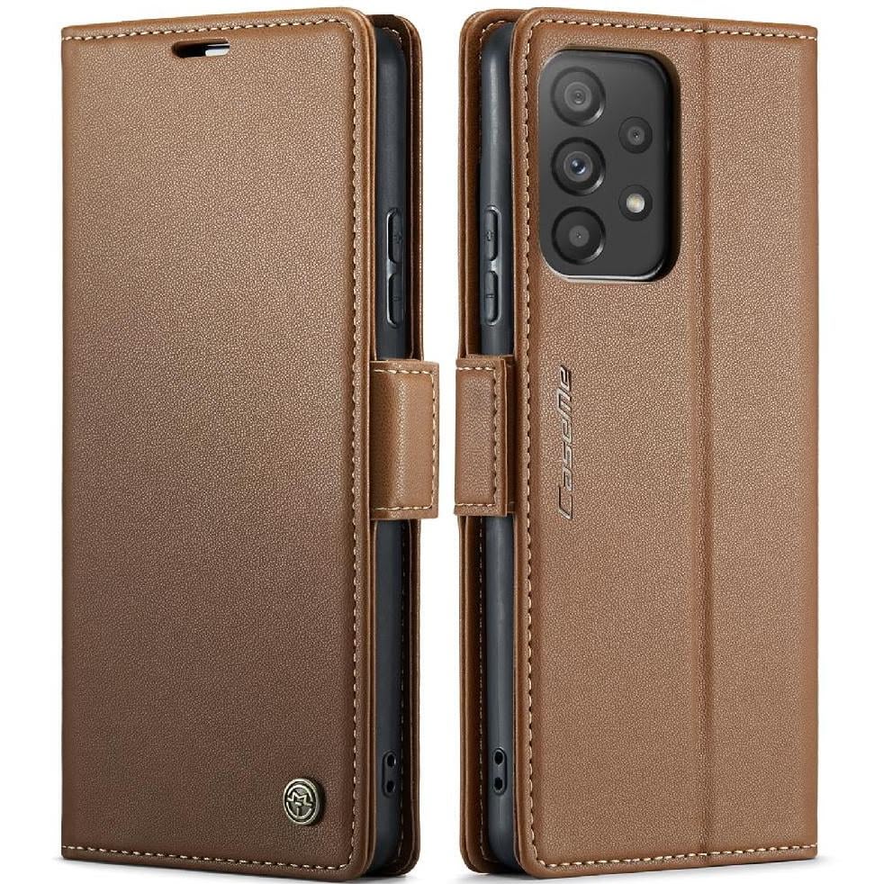 CASEME Samsung Galaxy A53 lommebok-deksel med magnetisk lukking i brun, gir omfattende beskyttelse og håndfri funksjonalitet.