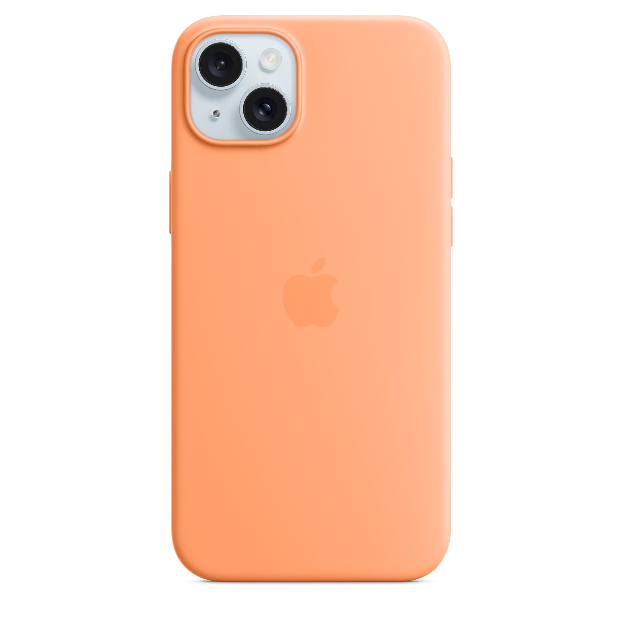 Silikondeksel med MagSafe til iPhone 15 Plus i oransje, mykt silikonmateriale og mikrofiberfôr, støtter trådløs lading.