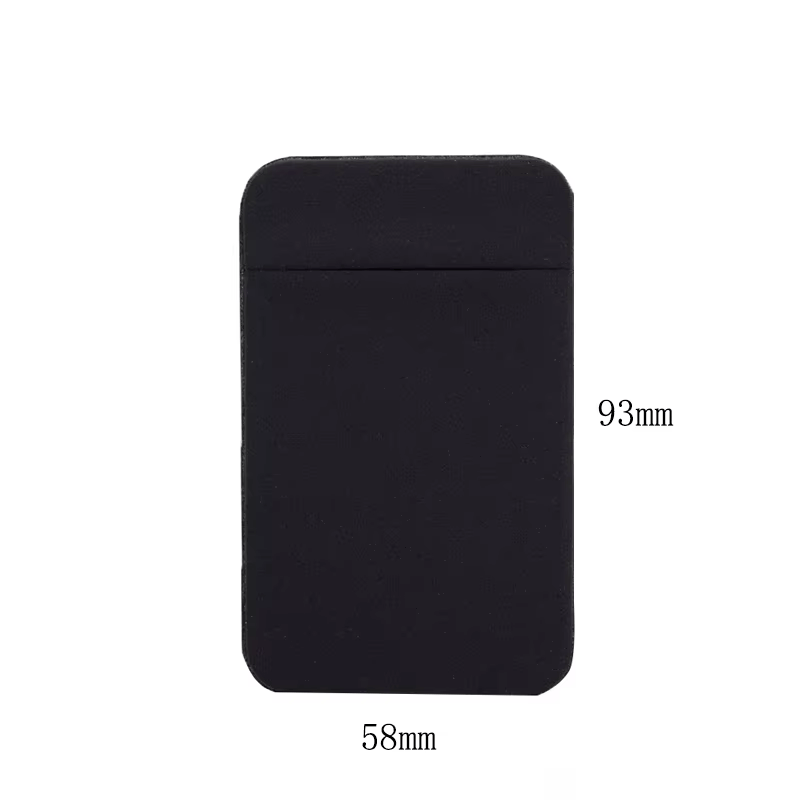 Elastisk mobil kortlomme i svart med dimensjoner 93 mm x 58 mm.