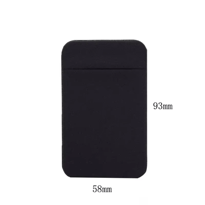 Elastisk mobil kortlomme i svart med dimensjoner 93 mm x 58 mm.
