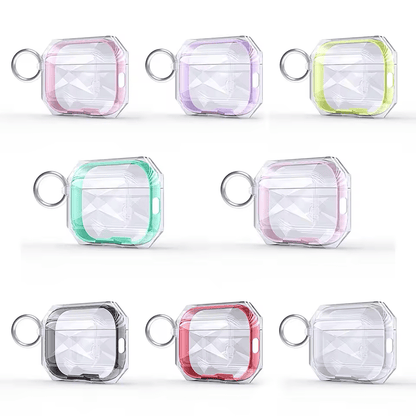 Gjennomsiktige øretelefonetuier for AirPods Pro med karabinkrok i flere farger.