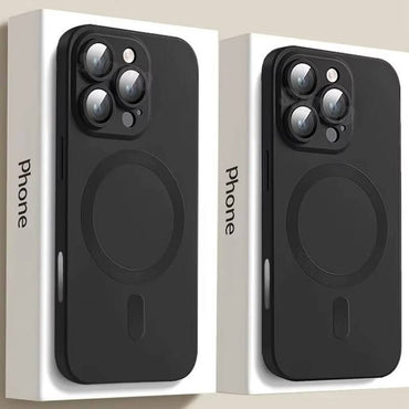 Magnetisk ladeetui med linsebeskytter for iPhone 14 Pro, svart silikondeksel på telefoneske.