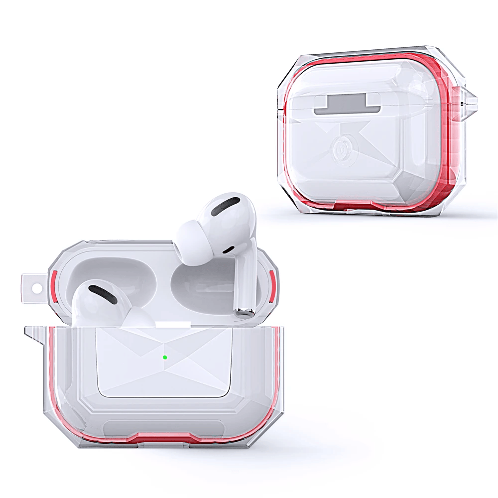 Gjennomsiktig beskyttelsesdeksel for AirPods Pro med karabinkrok, designet for å beskytte mot riper og støt med støtte for trådløs lading.