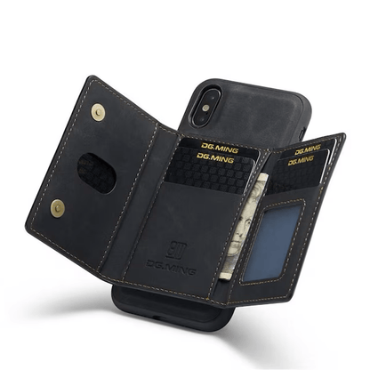 DG.MING M2 iPhone X/XS lommeboketui i slitesterkt lær med avtagbart magnetisk deksel og kortlommer.