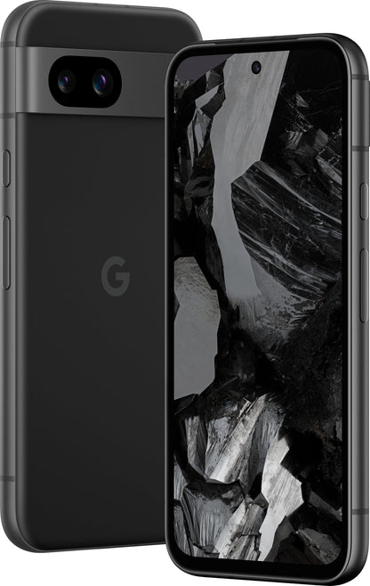 Google Pixel 8a 5G B grad - Obsidian, sett fra front og bakside.