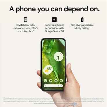Google Pixel 8a 5G mobiltelefon i hånden, klar skjermvisning, obsidianfarge.