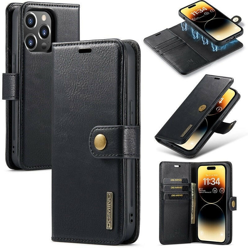 DG.MING iPhone 15 etui med avtagbart magnetisk deksel i slitesterkt lær, stilig design med kortlommer.