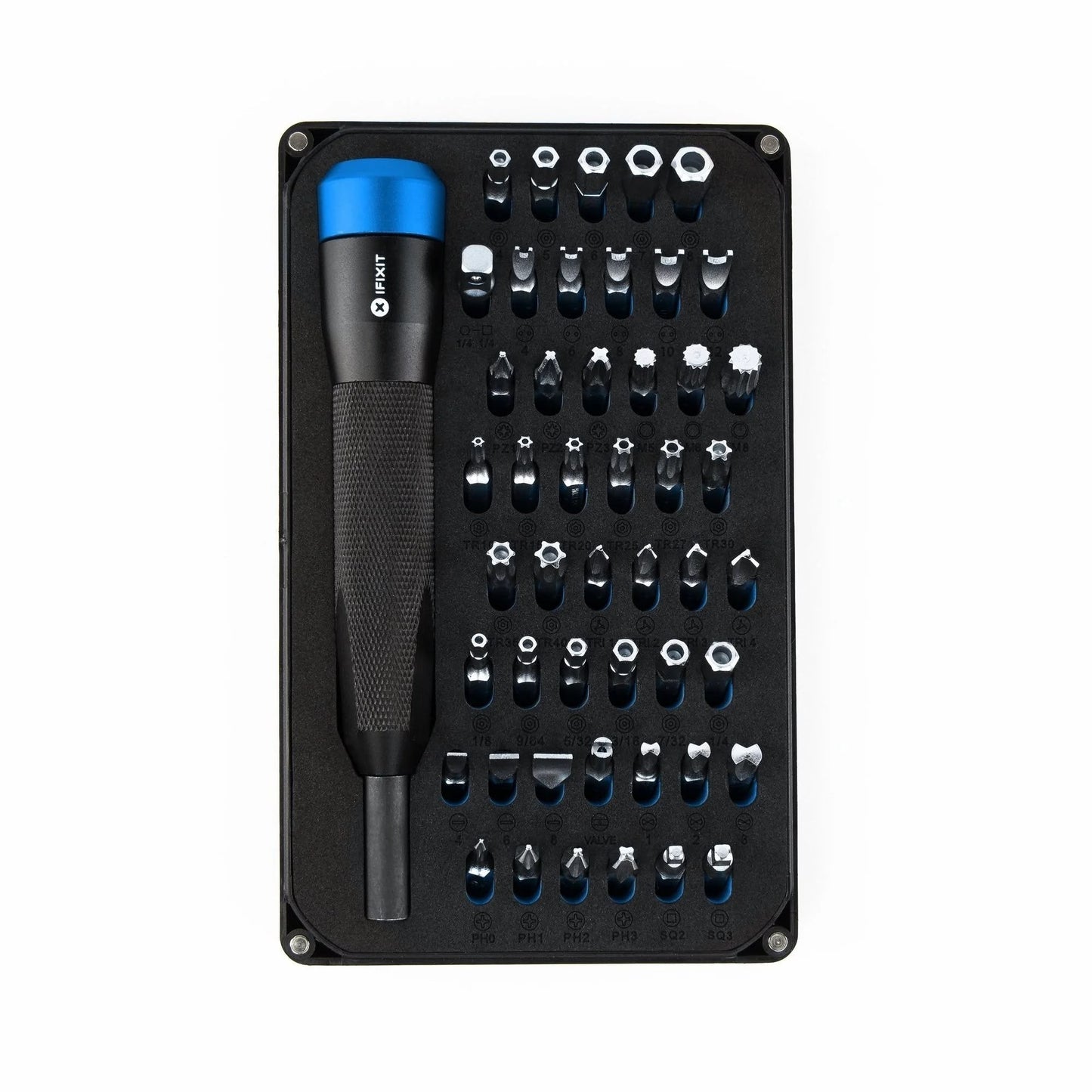 iFixit Mahi Driver Kit med 48 spesialbits og ergonomisk håndtak i kompakt oppbevaringsboks.