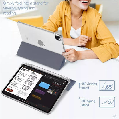 Smart etui med stativ og pennholder for iPad 10.2 i bruk, viser stativfunksjon for enkel visning og skriving.