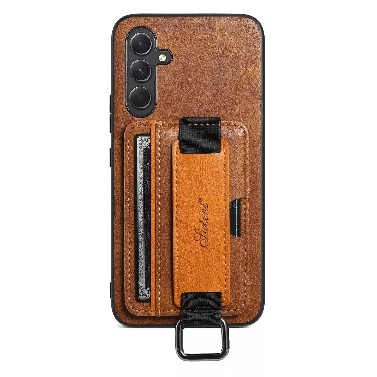 Kortholderdeksel i PU-skinn for Samsung Galaxy S22 Plus med håndstropp og kickstand.