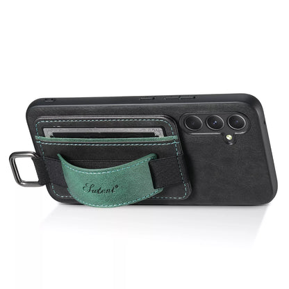 Samsung Galaxy S24 Plus deksel med kortholder, håndstropp og kickstand i lær.