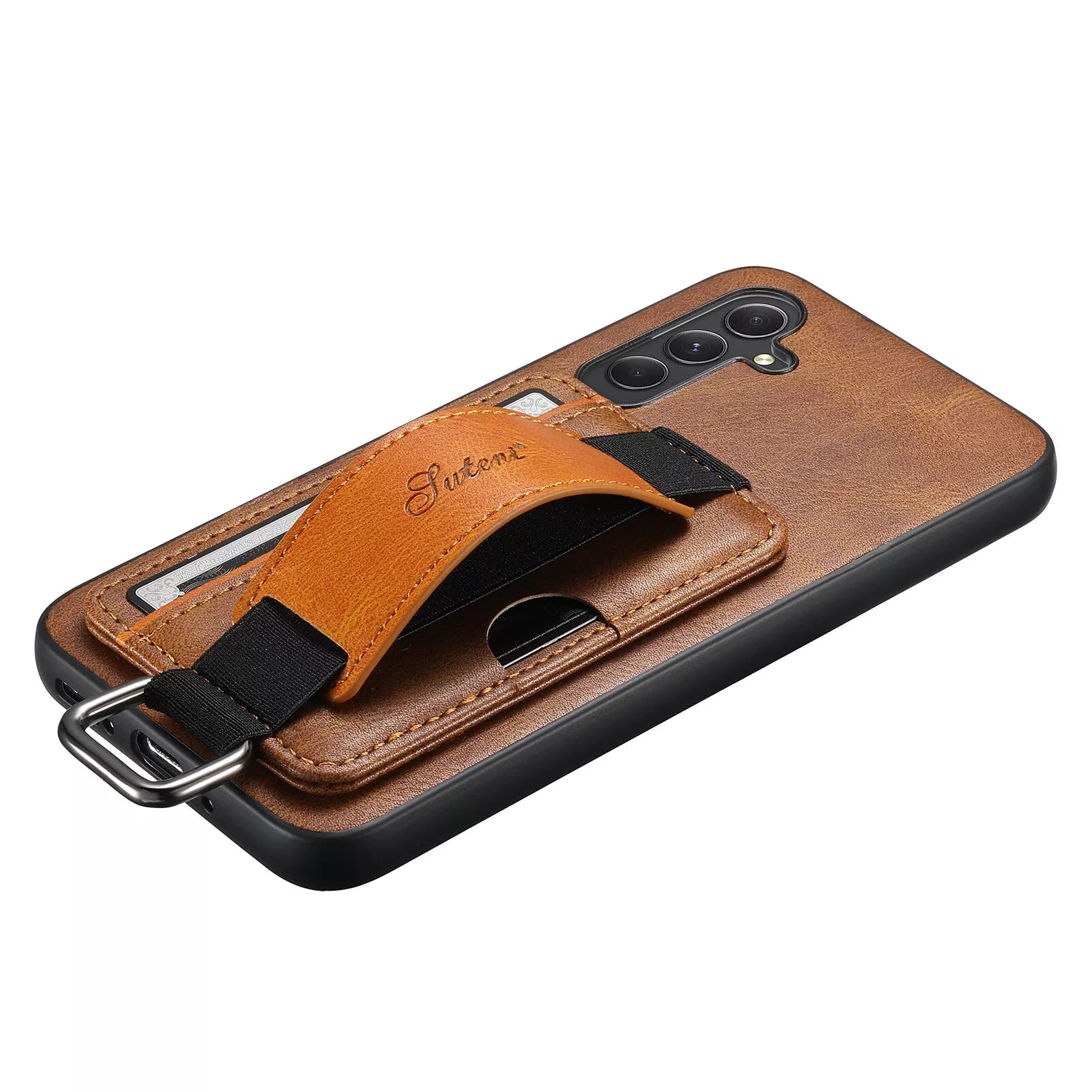 SUTENI Samsung Galaxy S24 Ultra lærbelagt deksel med kortholder og håndstropp, beskyttelse mot riper.