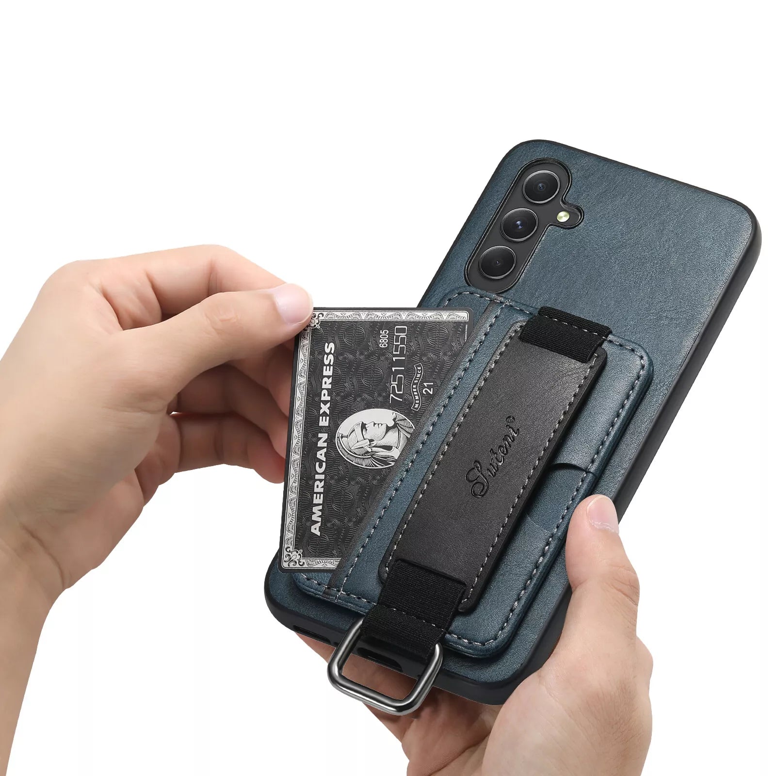 Samsung Galaxy S24 Ultra telefondeksel med kortholder og håndstropp i lær, som beskytter mot riper og daglig slitasje.